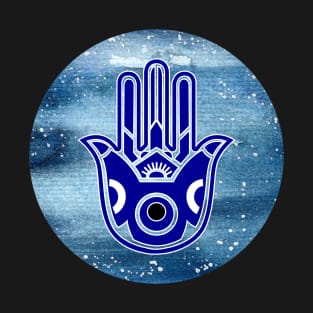 The Evil Eye and Fatima Hand of Hamsa Blue Galaxy Design T-Shirt