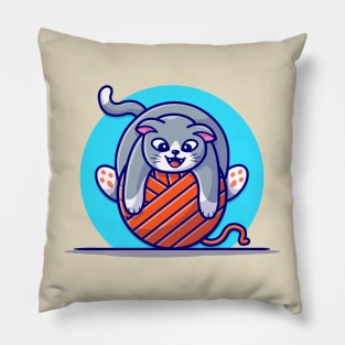 Cute Cat Playing Yarn Ball Cartoon Vector Icon Illustration Pillow