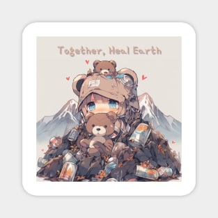 Together, Heal Earth - Sad Chibi Bear and Environmental Message Magnet