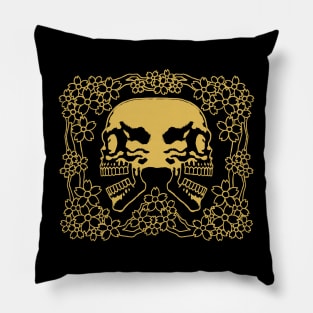 Twin Skulls and Sakura Ink Art Tattoo Retro Yellow Pillow