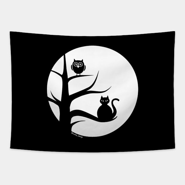 Cute Cat and Owl in Tree, Silhoutte against Full Moon Tapestry by Markadesign