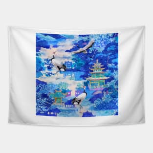 Pagodas and cranes watercolor painting Tapestry