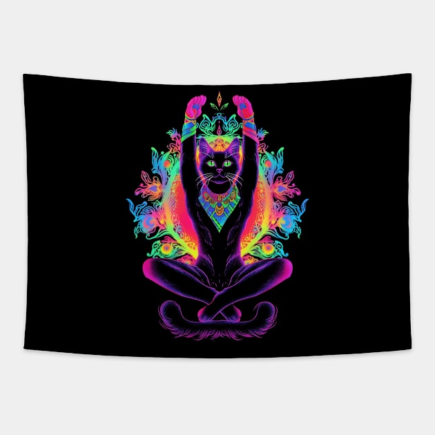 Psychedelic Trippy Hippie Cat Guru  - Positive Vibes Tapestry by We Anomaly