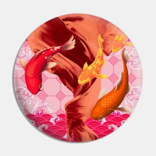 Koi Fish with an Orange and Pink Swirl Ocean- Happy Hong Kong Pin