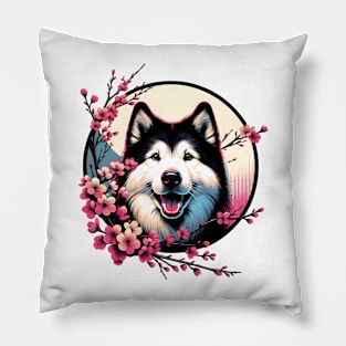 Yakutian Laika Joy in Spring with Cherry Blossoms and Flowers Pillow