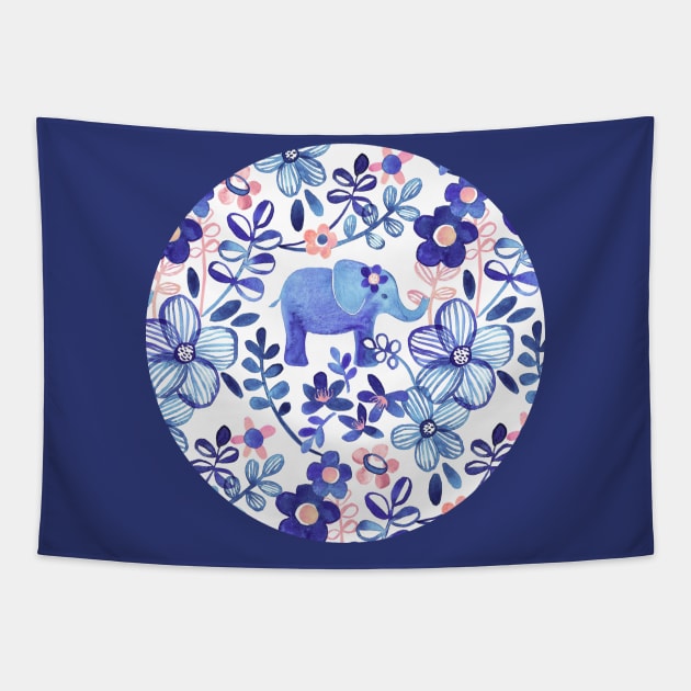Pale Coral, White and Purple Elephant and Floral Watercolor Pattern Tapestry by micklyn