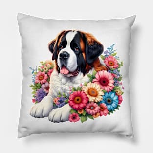 A St. Bernard dog decorated with beautiful colorful flowers. Pillow