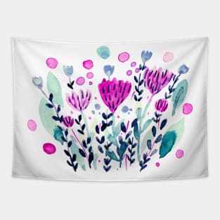 Watercolor whimsical flowers - pink and green Tapestry