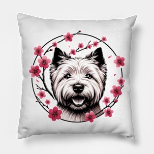 Cairn Terrier Enjoys Spring's Cherry Blossoms Splendor Pillow