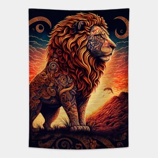 Lion and Mountain Sunset Scene Tapestry