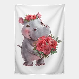 Valentine Hippopotamus Giving Flowers Tapestry