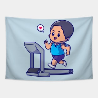 Cute Boy Running On Treadmill Cartoon Tapestry