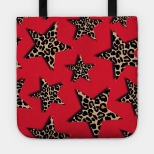 Leopard Print, Stars, on Red Tote