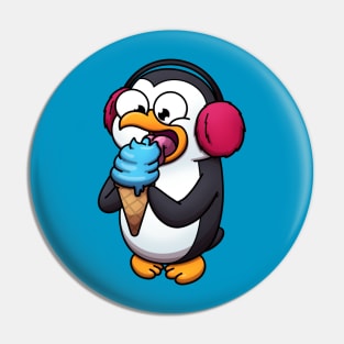 Cute Penguin With Earmuffs Eating Ice Cream Pin