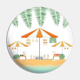 Two people on a sandy beach illustration Pin