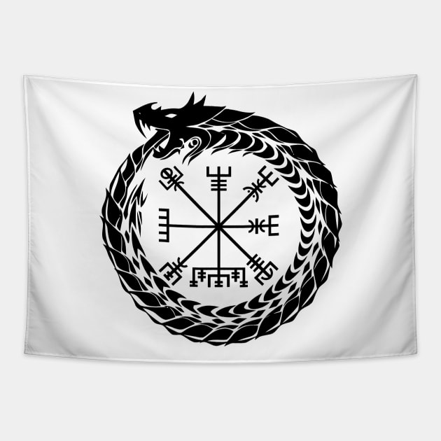 Ouroboros and Vegvisir (black symbol) Tapestry by Vikingnerds