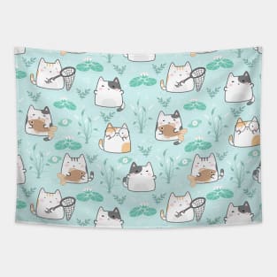 Seamless Pattern Fishes Cute Kawaii Cats Tapestry