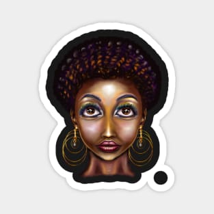 Queen Black is beautiful black girl with Gold earrings, expressive brown eyes looking  upwards and dark brown skin ! Magnet