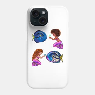 Best fishing gifts for fish lovers 2022. anime mermaid with blue tang fish and bubbles. Pretty black  and white girls with Afro hair, green eyes, Cherry pink lips and dark brown skin. Hair love ! Phone Case