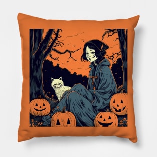 Halloween Sad Woman with Cat and coat Pillow