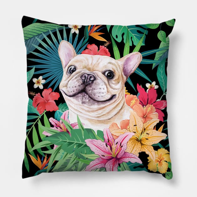 Tropical Cream White Frenchie French Bulldog 3 Pillow by LulululuPainting