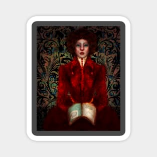 Dark Academia Lowbrow Art Portrait of Historical Ruby Red Fashion Illustration of Librarian Holding Illuminated Manuscript Magnet