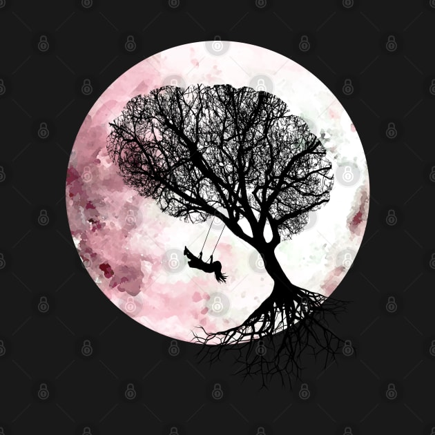 Pink moon, tree and young girl on swing ,cute, space, night, aesthetic, nature by Collagedream