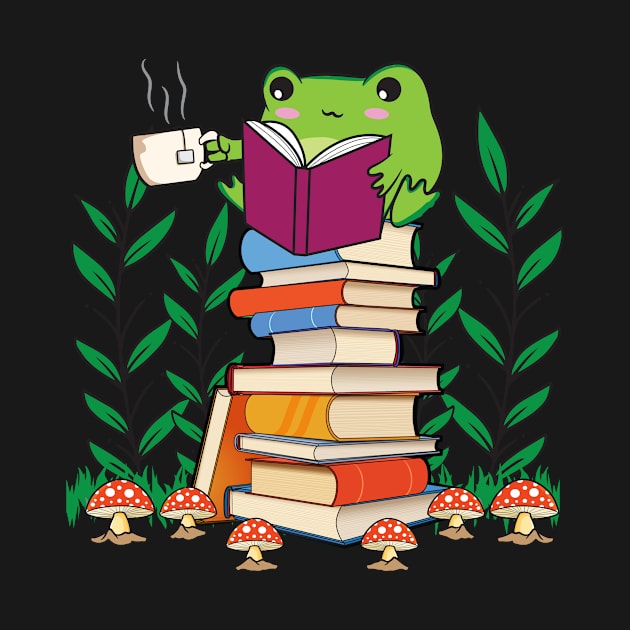 Cottagecore Aesthetic Kawaii Frog Reading Book by Alex21