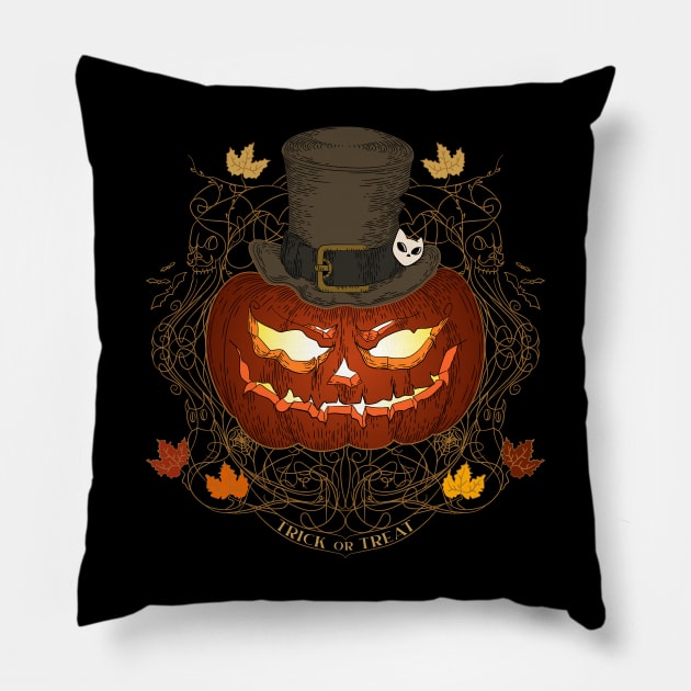 Halloween Jack o Lantern original character vintage drawing with Trick or treat. Pillow by ChrisiMM