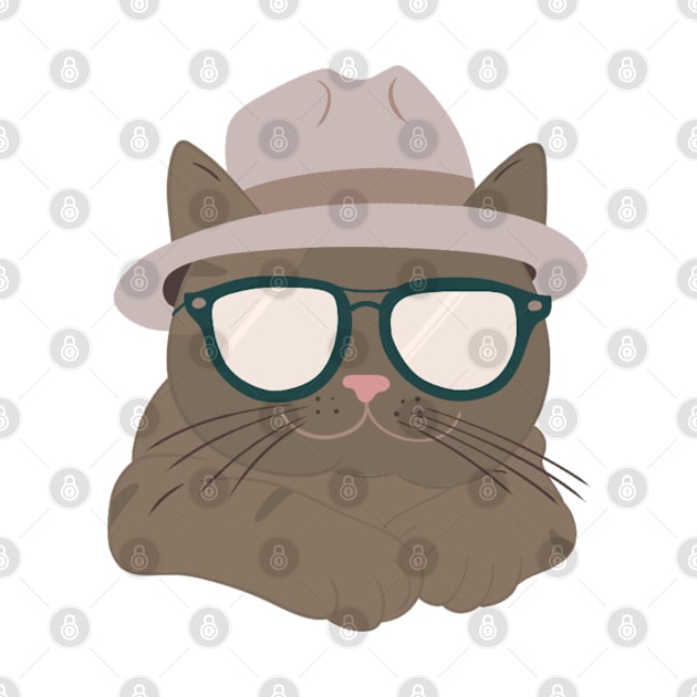 Chic Tabby: Minimalist Cat Art with Grey Hat & Sunglasses by ShutterStudios