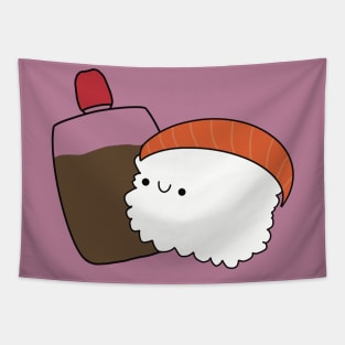 Cute Soy Sauce & Salmon Sushi - Kawaii Sushi Tapestry