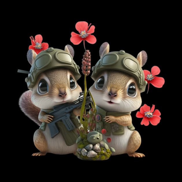 The brave squirrel soldier with a weapon, flowers, and helmet by EUWO