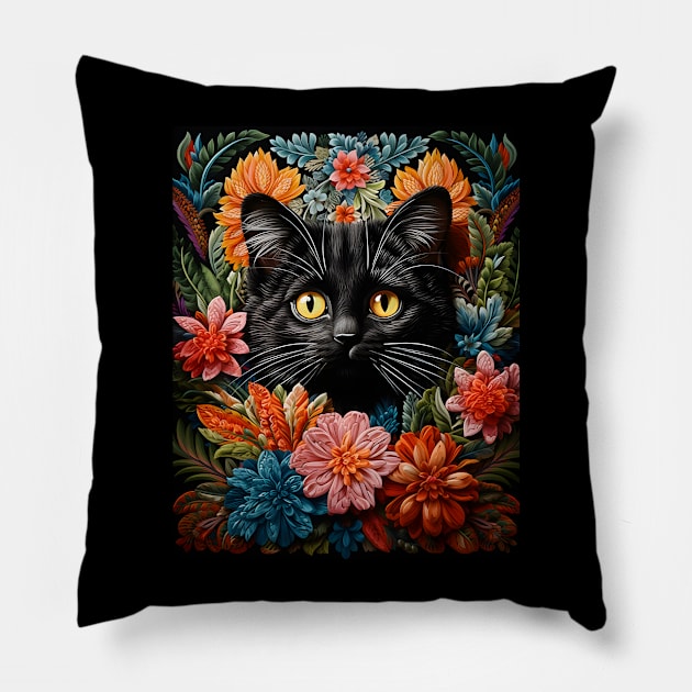 Vintage Black Cat Crochet Flowers - Whimsical Retro Design Pillow by KittyStampedeCo