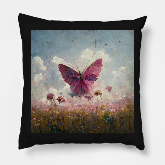 Pink Butterfly  in The Flower Field Pillow by DarkAgeArt