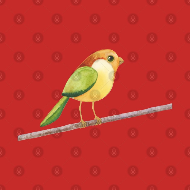 Bird on a Wire - Red, Green, Orange, and Yellow Cute Bird - Watercolor Painting by VegShop