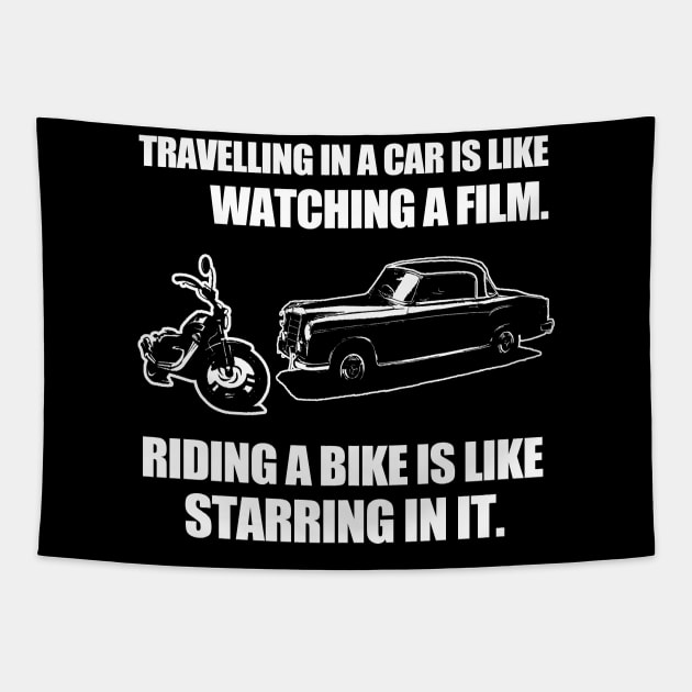 Riding a bike is like starring in a film funny biker gift Tapestry by BadDesignCo