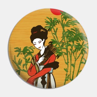 Traditional Japanese - like Drawing of Geisha, Sun and Bamboos - White Pin