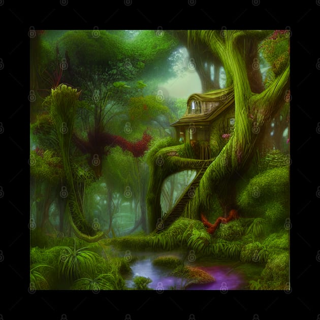 Tree House Portrait in Red Color, Greenery Outside, Landscape Painting by Promen Art