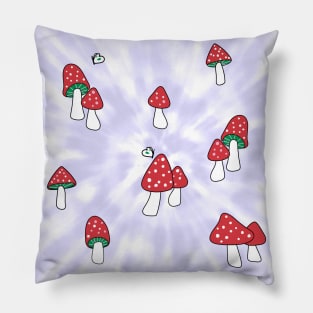 Aesthetic Red Hatted Mushrooms and Butterflies on a Lilac Pastel Tie Dye Background Pillow