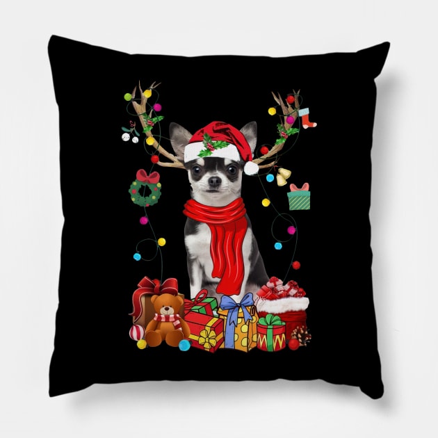 Black Chihuahua Reindeer Santa Christmas Color Lights Pillow by cogemma.art