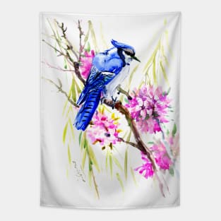 Blue Jay and Cherry Blossom Tapestry