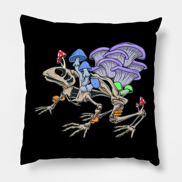 Frog skeleton with mushrooms Pillow by Modern Medieval Design