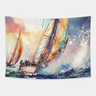 artistic illustration of a sail boat race in a storm and heavy seas Tapestry