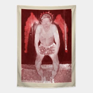 Portrait. Digital collage, special processing. Man in briefs, looking. Angel. Red and white, darker.. Tapestry