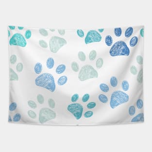 Doodle blue paw prints pattern Tapestry