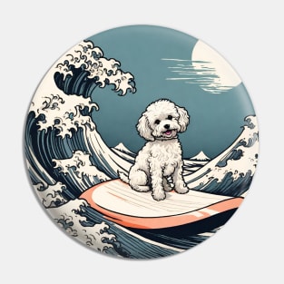 Funny Maltipoo Crusty White Dog Surfing in The Great Wave Cute Maltese Shih Tzu Dog Mom Pin