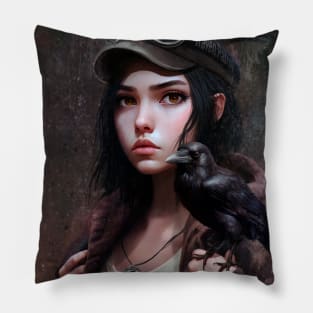 Adventure girl and raven Pillow