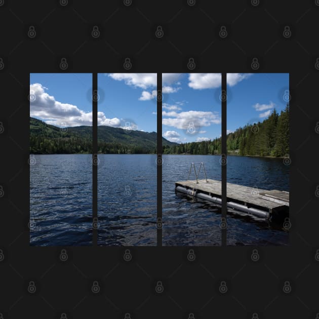 Pad on a wooden floating platform. Metal ladder to get out of the water of a beautiful fjord in Norway. Rippled sea. Sunny spring day. No people by fabbroni-art