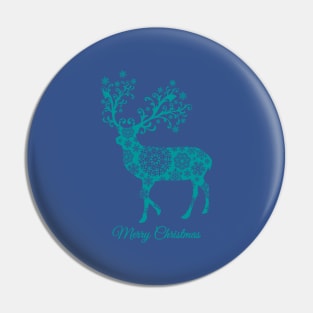 Merry Christmas, teal Christmas deer with snowflakes Pin