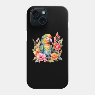 A parrot decorated with beautiful watercolor flowers Phone Case